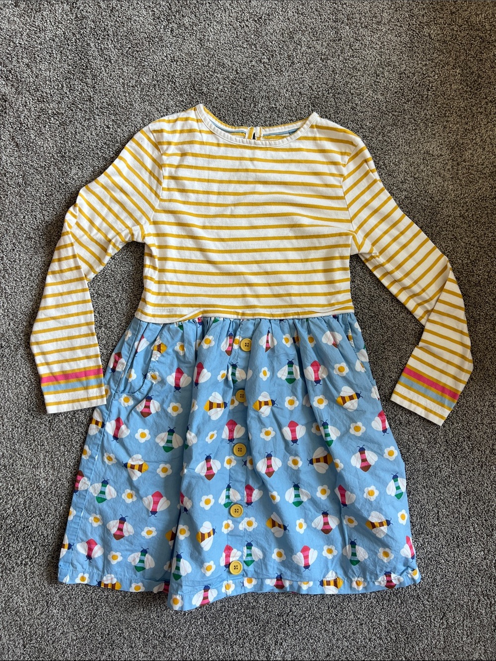 Mini Boden Yellow-Striped Top with Blue Floral & Bee Skirt Dress